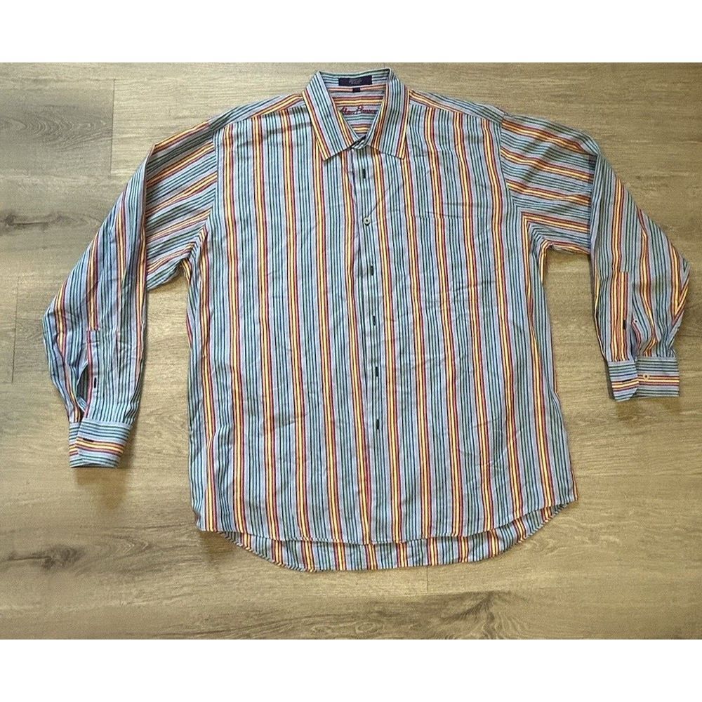 Alan Flusser Shirt‎ Mens XL Multicolor Striped Reds, Blues & Greens